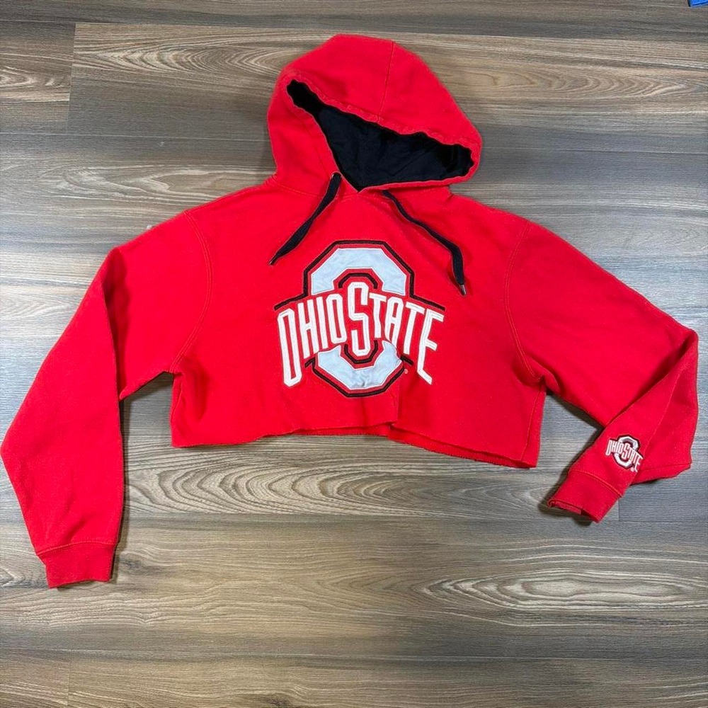 Red Ohio State cropped hoodie with white 'OHIO STATE'
